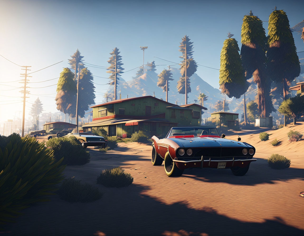 Vintage car on serene street with palm trees and houses in warm sunlight