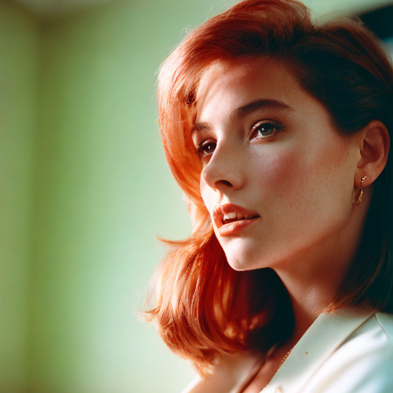 Auburn-Haired Woman in Light Blouse in Softly Lit Setting