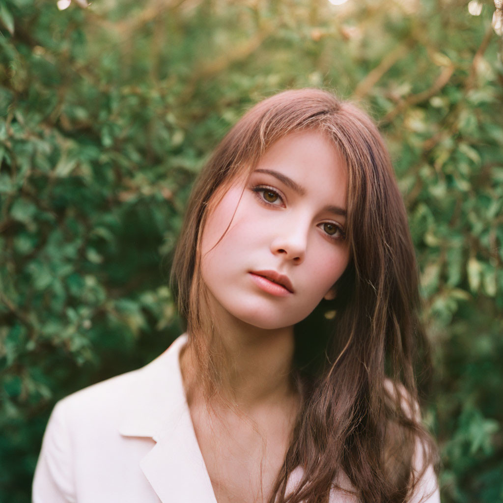 Young woman with long hair in soft gaze against lush green backdrop