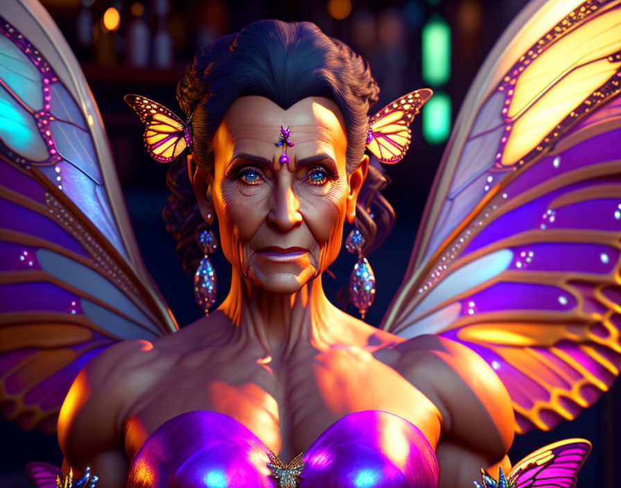 Elder female figure with butterfly wings and colorful jewelry on dimly lit background