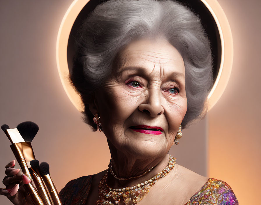 Elderly woman with styled hair and makeup holding brushes in soft-lit backdrop