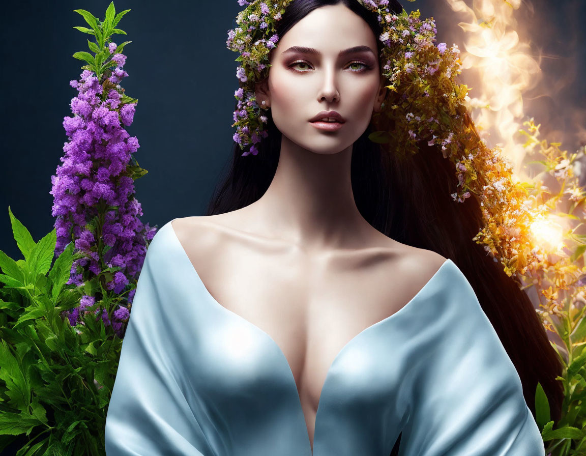 Woman with Floral Wreath in Blue Dress Surrounded by Purple Flowers