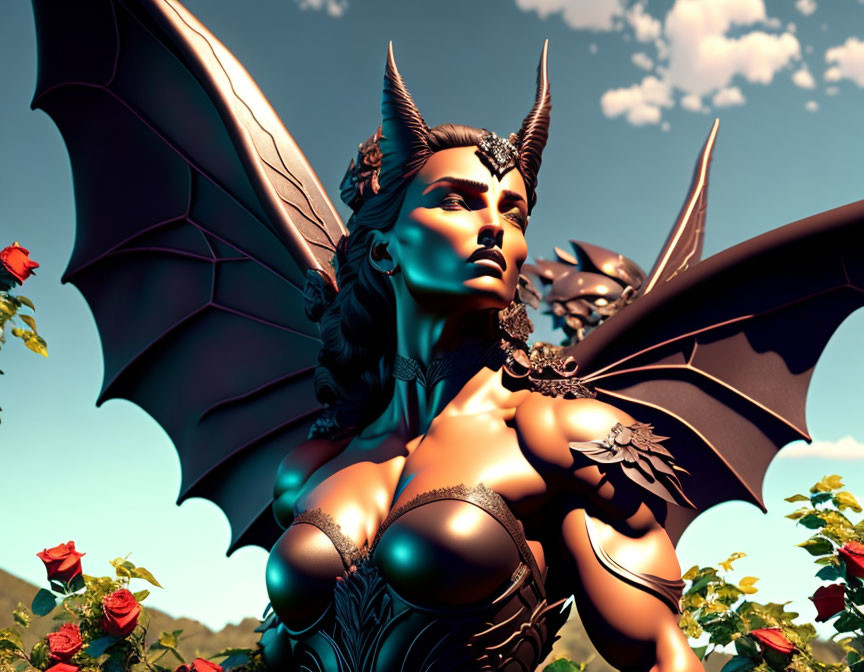 Fantasy female character with horns, wings, armor, and roses in 3D art.