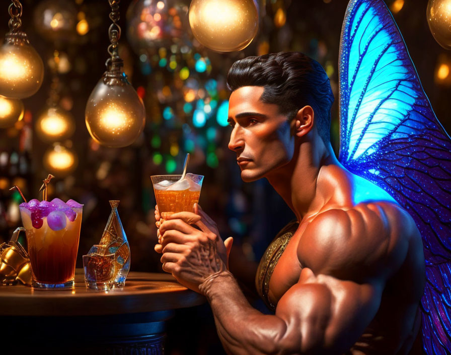 Muscular fantasy figure with iridescent blue wings at a vibrant bar scene