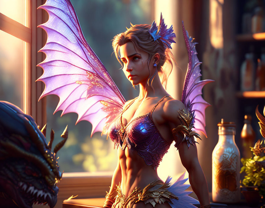 Fantasy female character with purple wings and dragon in sunset-lit window scene