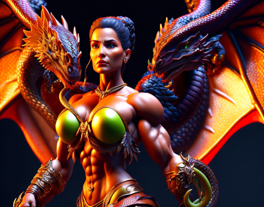 Muscular warrior woman in golden armor with two dragons.