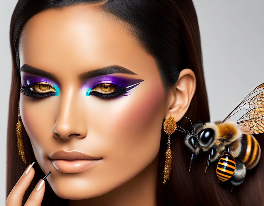 Woman with Dramatic Purple and Gold Eyeshadow and Bee Illustration on Cheek