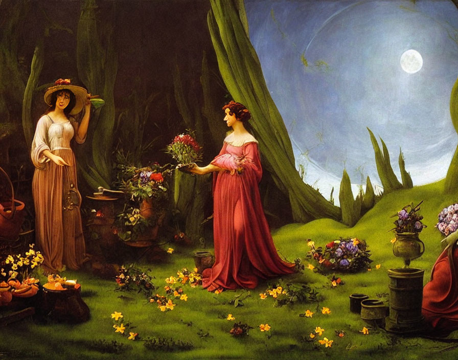 Moonlit garden painting: Two women exchanging flowers in lush setting