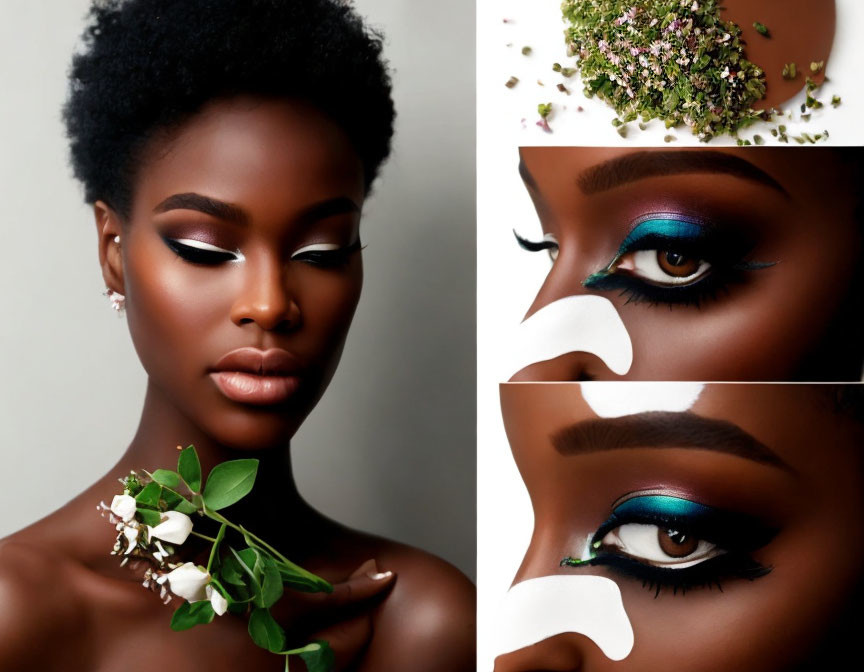 Collage of woman with blue eyeshadow, winged liner, flowers, and herbs