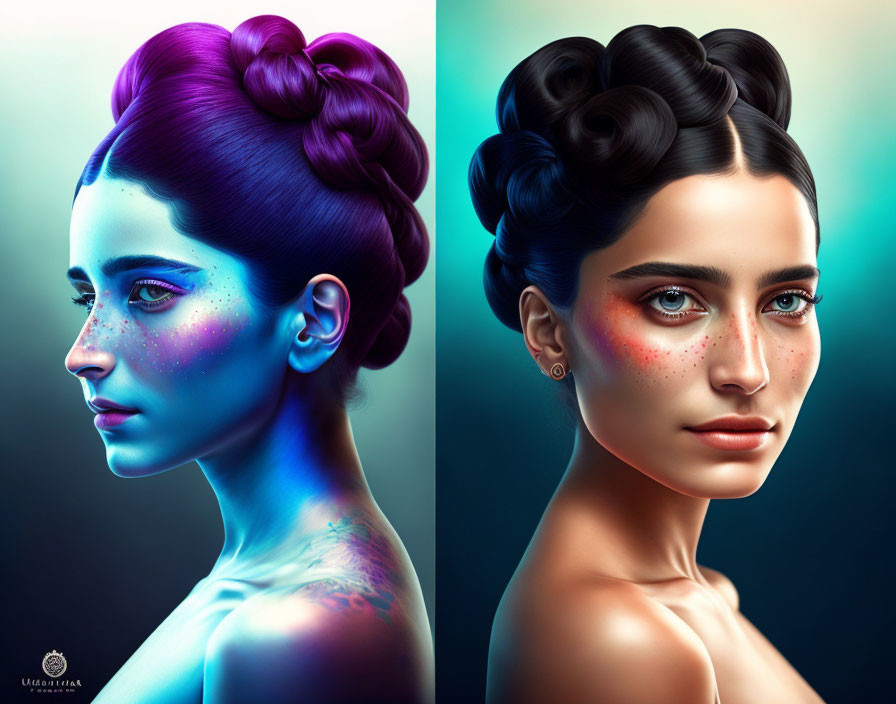 Vivid digital art portrait of two women with stylized hair and colorful skin tones