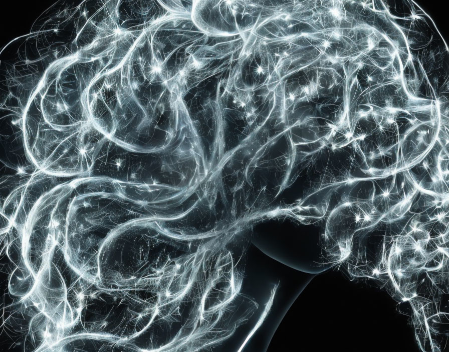 Digital Artwork: Brain with Swirling Light Strands