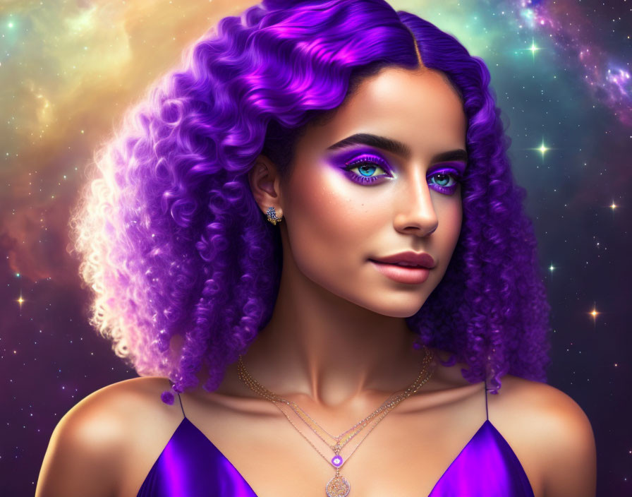 Vibrant purple-haired woman in cosmic setting with purple dress.