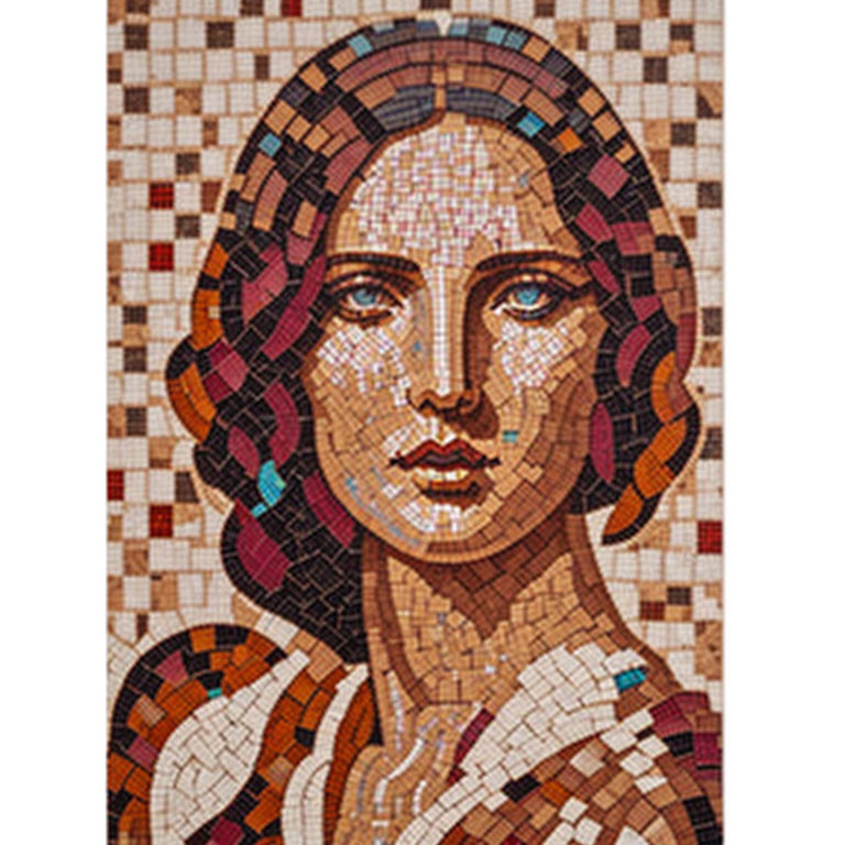 Colorful mosaic artwork depicting a woman with intricate tile hair and facial features