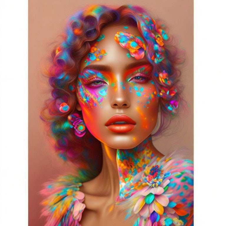 Colorful portrait of woman with multicolored hair and floral makeup