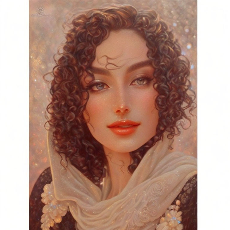 Curly-haired woman with pearl scarf in sparkling setting