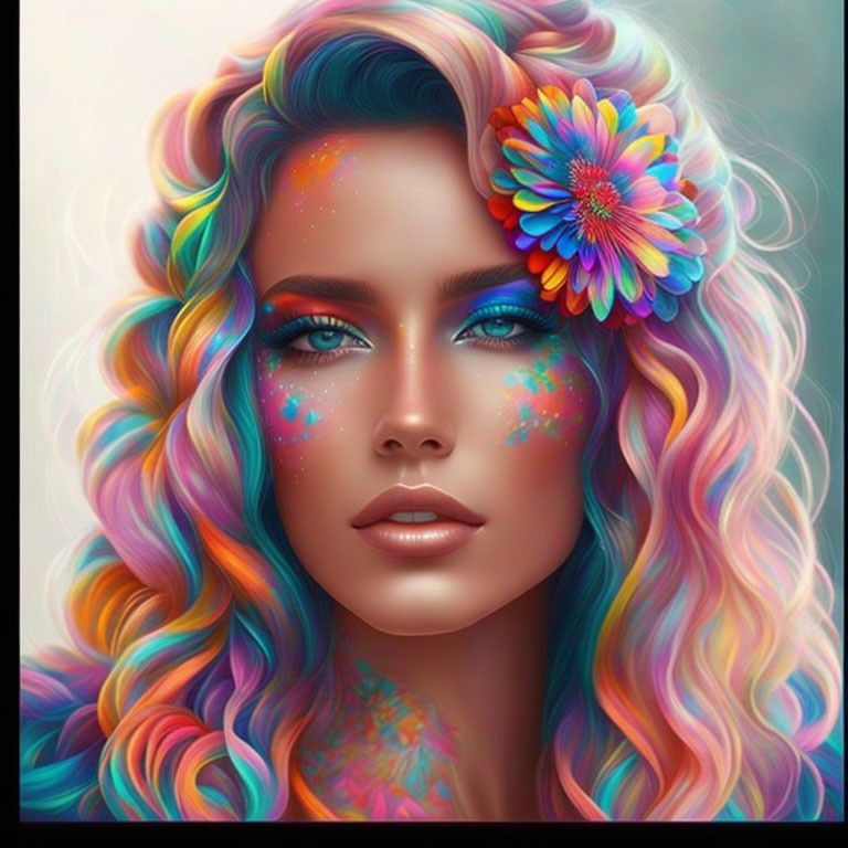 Vibrant digital artwork of a woman with multicolored hair and floral details