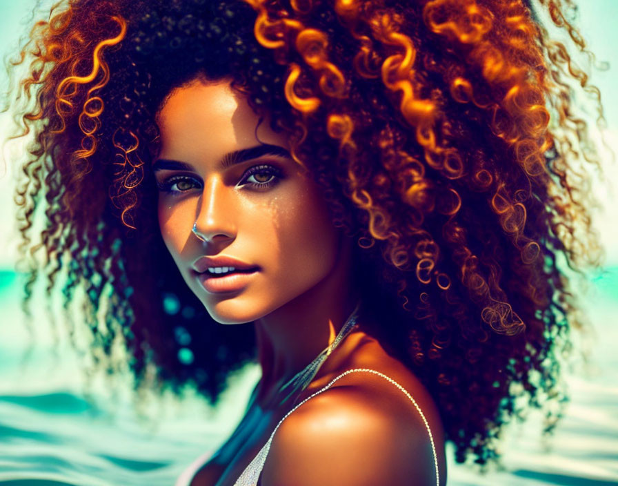 Curly-Haired Woman in Front of Blue Water and Sunlight