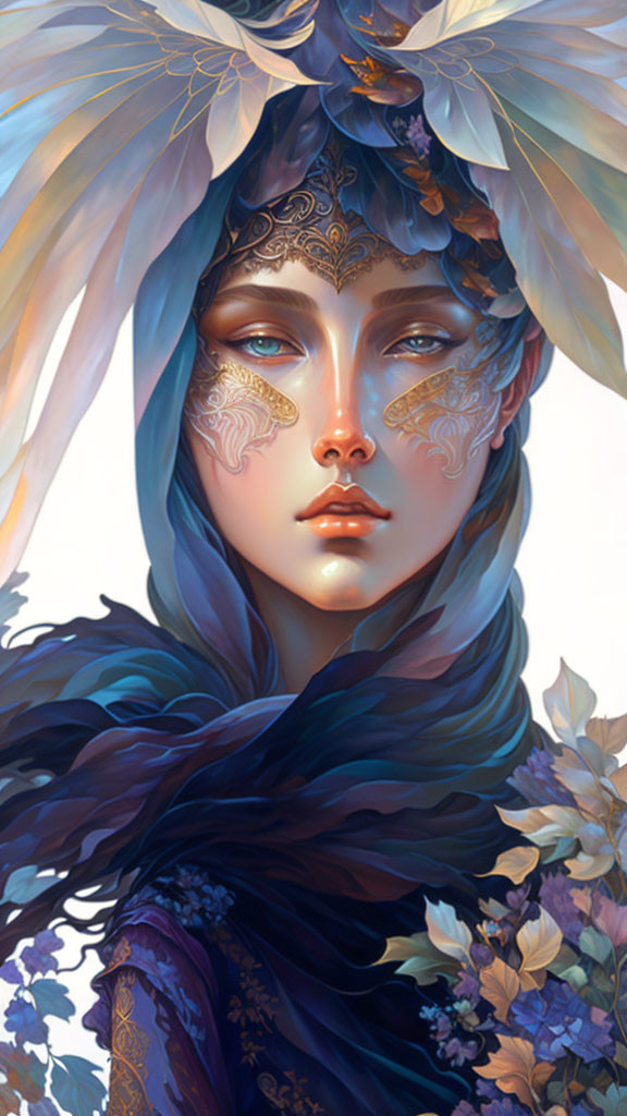Detailed illustration of person with ornate headgear and face markings among flowers in cool tones