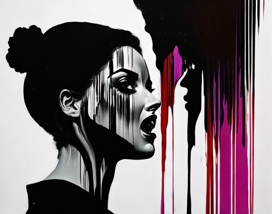 Monochrome portrait of a woman with colorful dripping paint contrast