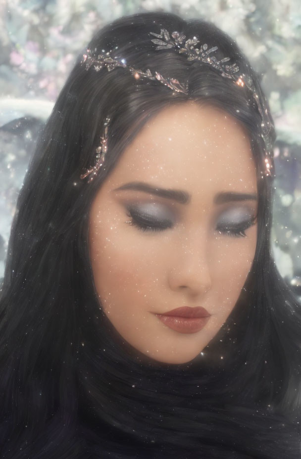 Dark-haired woman with decorative headpiece in elegant makeup against snowy backdrop