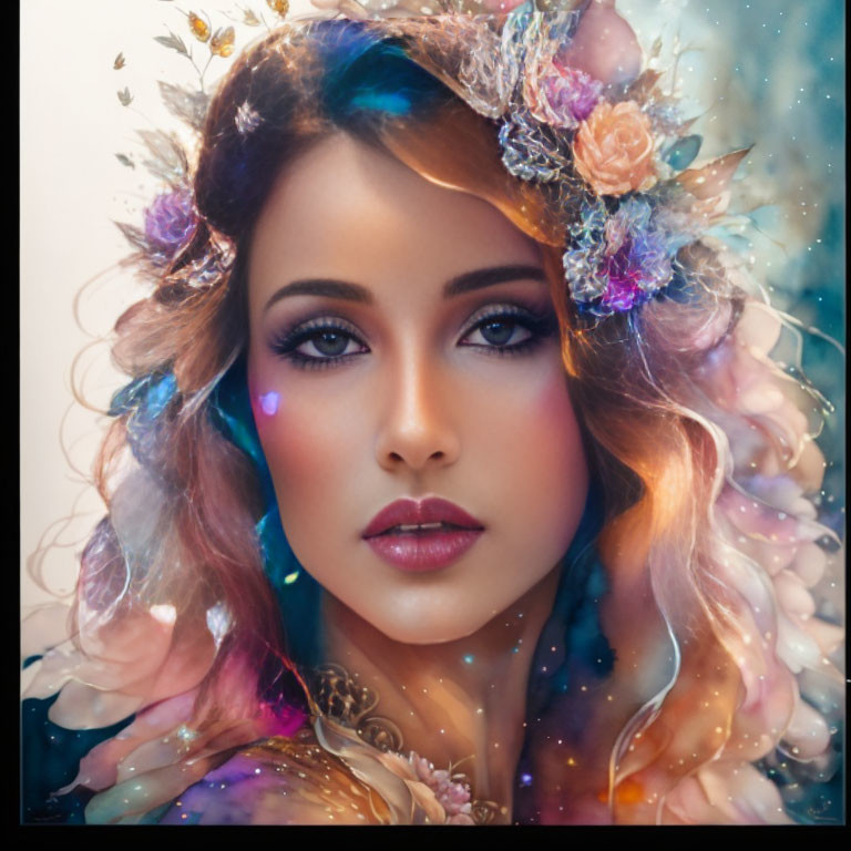 Woman portrait with whimsical floral headdress and cosmic elements.