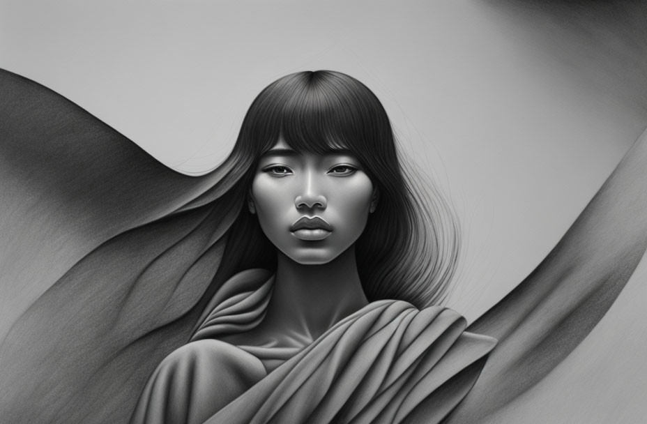 Monochrome illustration: Woman with flowing hair and serene expression