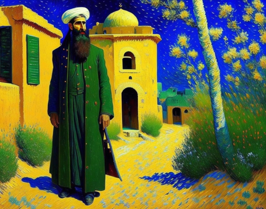 Traditional attire painting: Bearded man in white turban under starry night sky