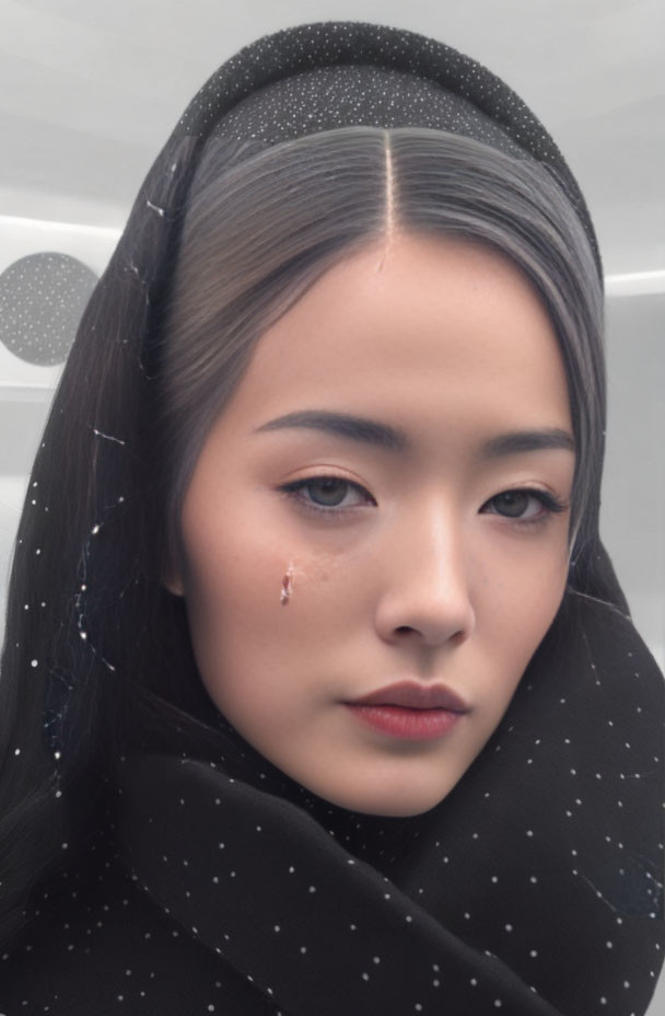 Fair-skinned woman in black veil with sparkles and tear under eye