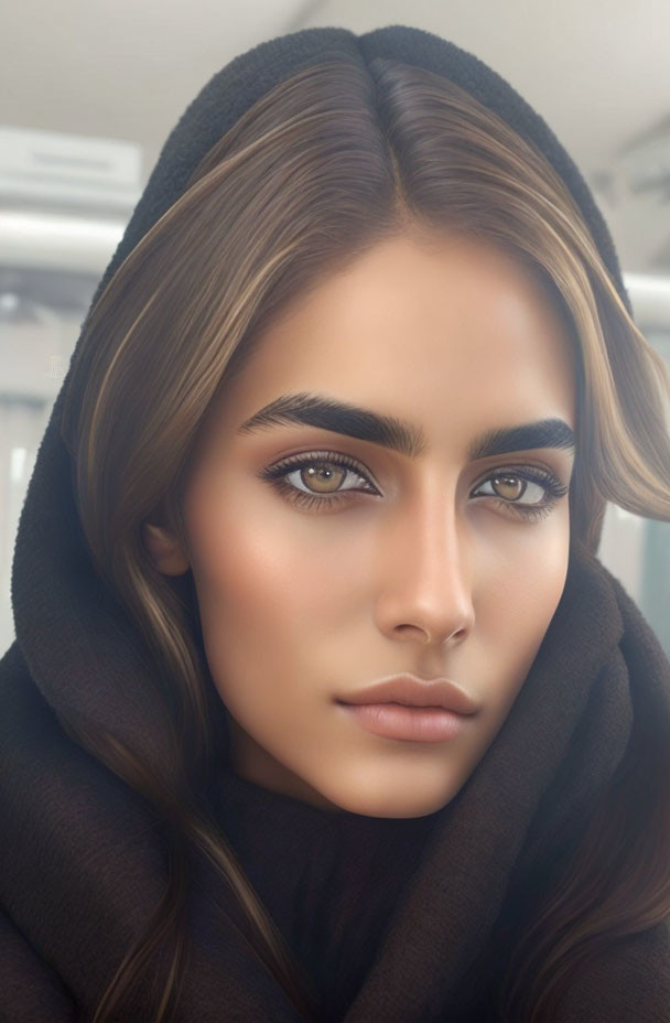 Portrait of Woman with Prominent Eyebrows and Piercing Gaze in Hooded Garment