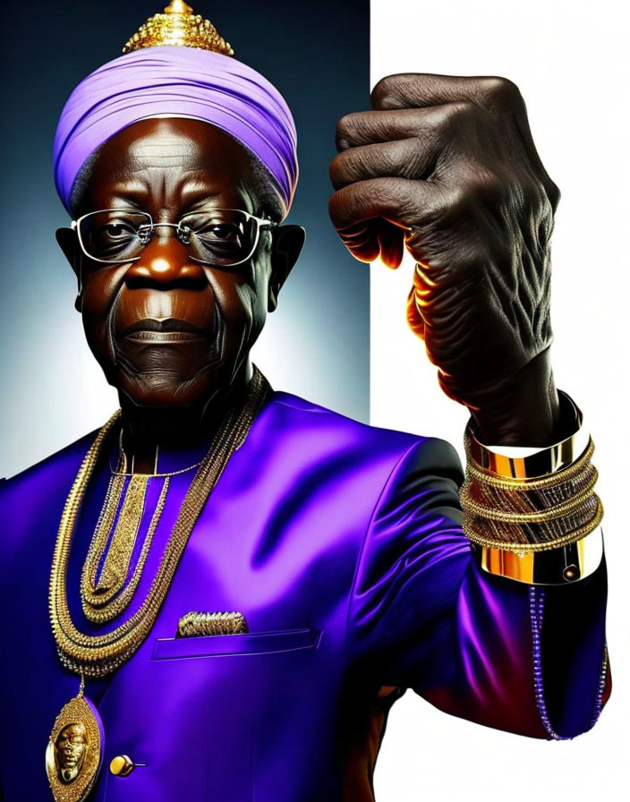 Elderly man in purple African attire raises clenched fist