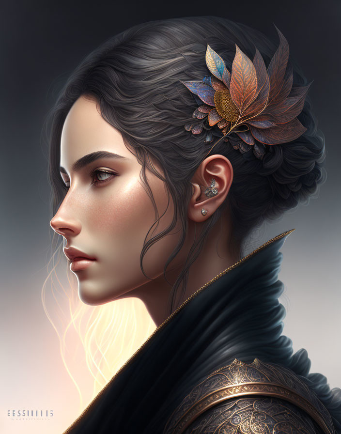 Detailed digital portrait of woman with dark hair, colorful leaf accessory, and ornate clothing.