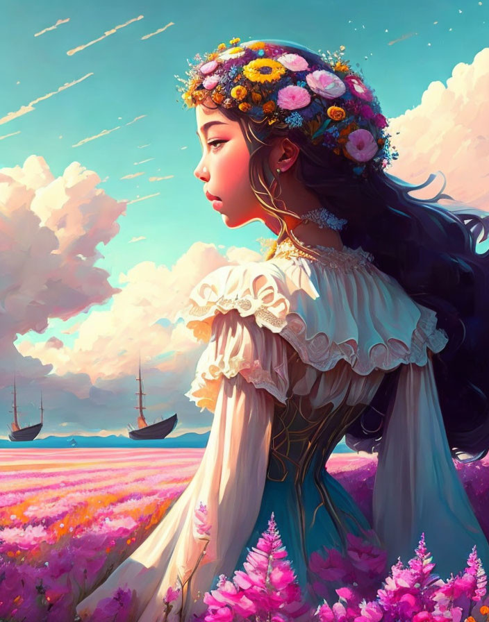 Woman in floral crown gazes over purple flower field and sailing ships