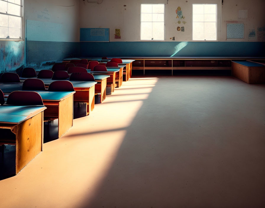 Classroom with sunlight casting shadows on desks and empty chalkboard