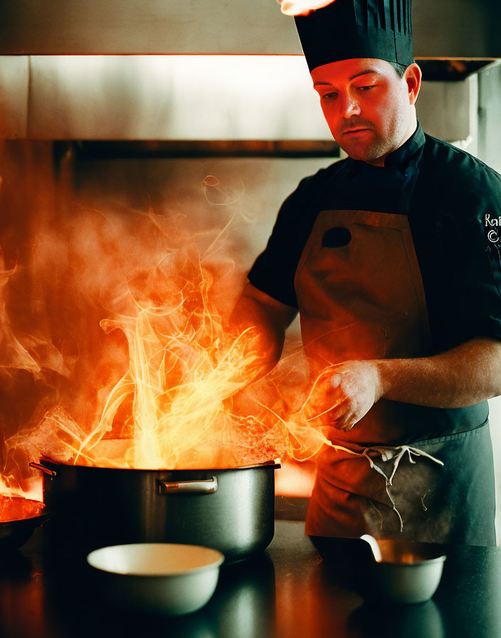 Professional chef cooking with high flames on stove