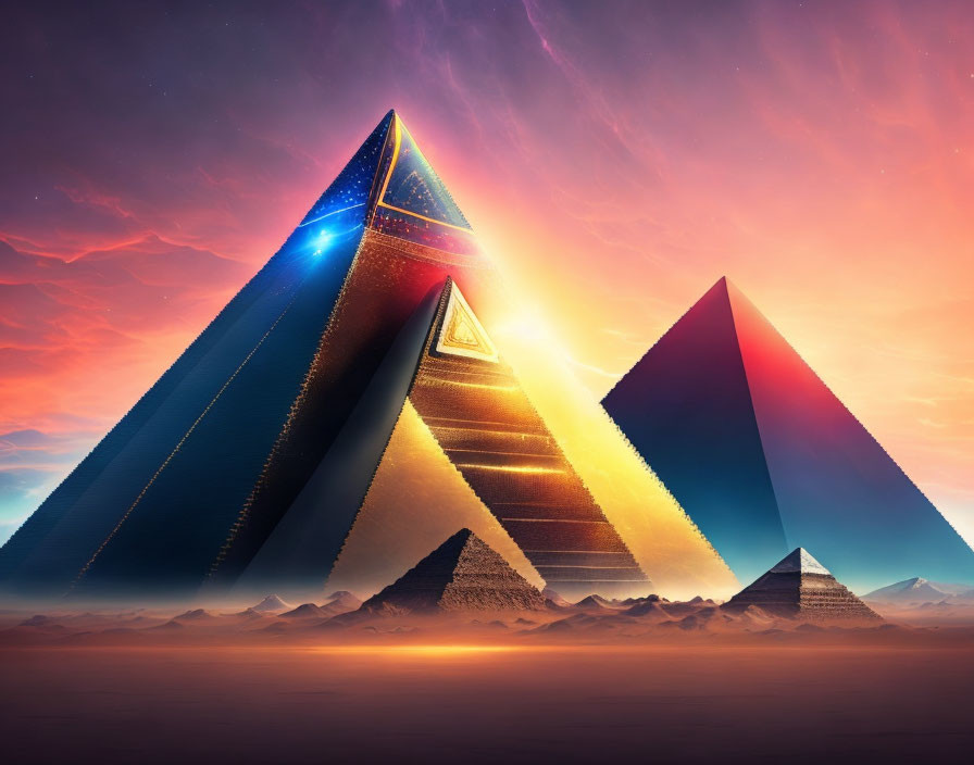 Vibrant illuminated pyramids under surreal sky