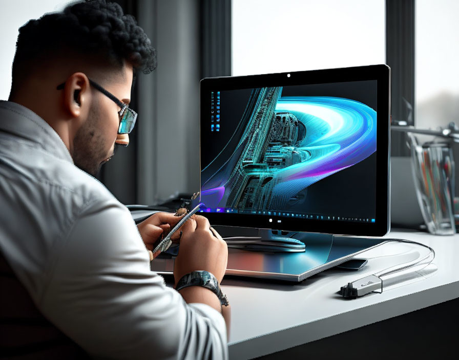 Man in white shirt and glasses looking at smartphone next to laptop with abstract design.