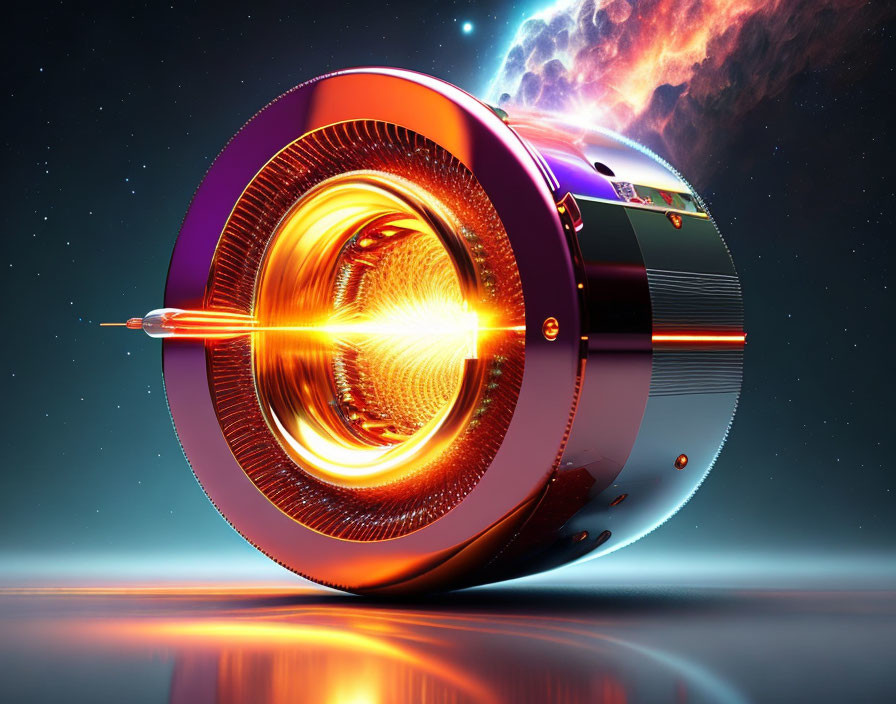 Futuristic spacecraft with glowing orange propulsion ring in cosmic setting