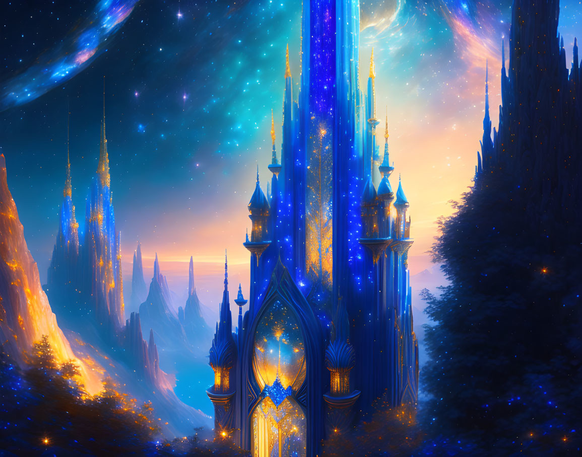 Luminescent fantasy castle with spires under starry night sky