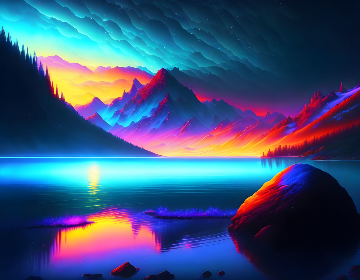 Neon-lit landscape with sunset hues over tranquil lake