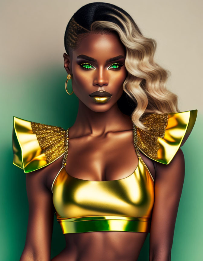 Digital artwork: Woman with green eyes, golden attire, dark skin, and blonde hair