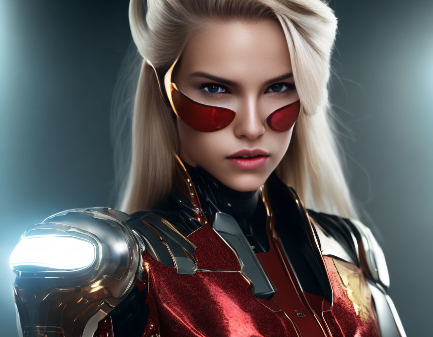 Blonde Woman in Futuristic Red and Gold Armor with Sunglasses