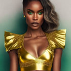 Digital artwork: Woman with green eyes, golden attire, dark skin, and blonde hair