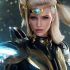 Blonde Woman in Futuristic Red and Gold Armor with Sunglasses