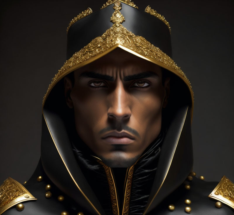 Regal man in black and gold armor with detailed helmet