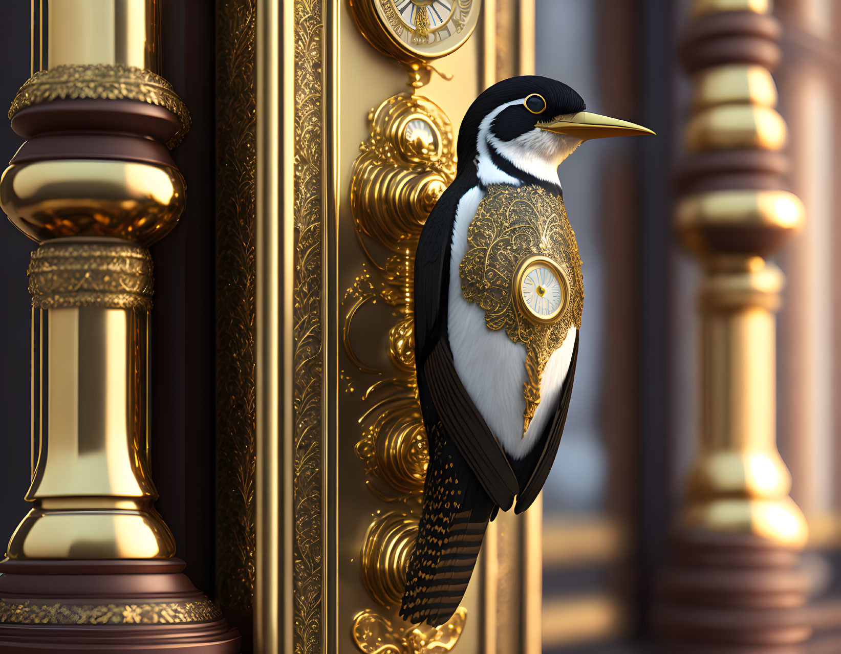 Woodpecker perched on ornate golden clock pillar