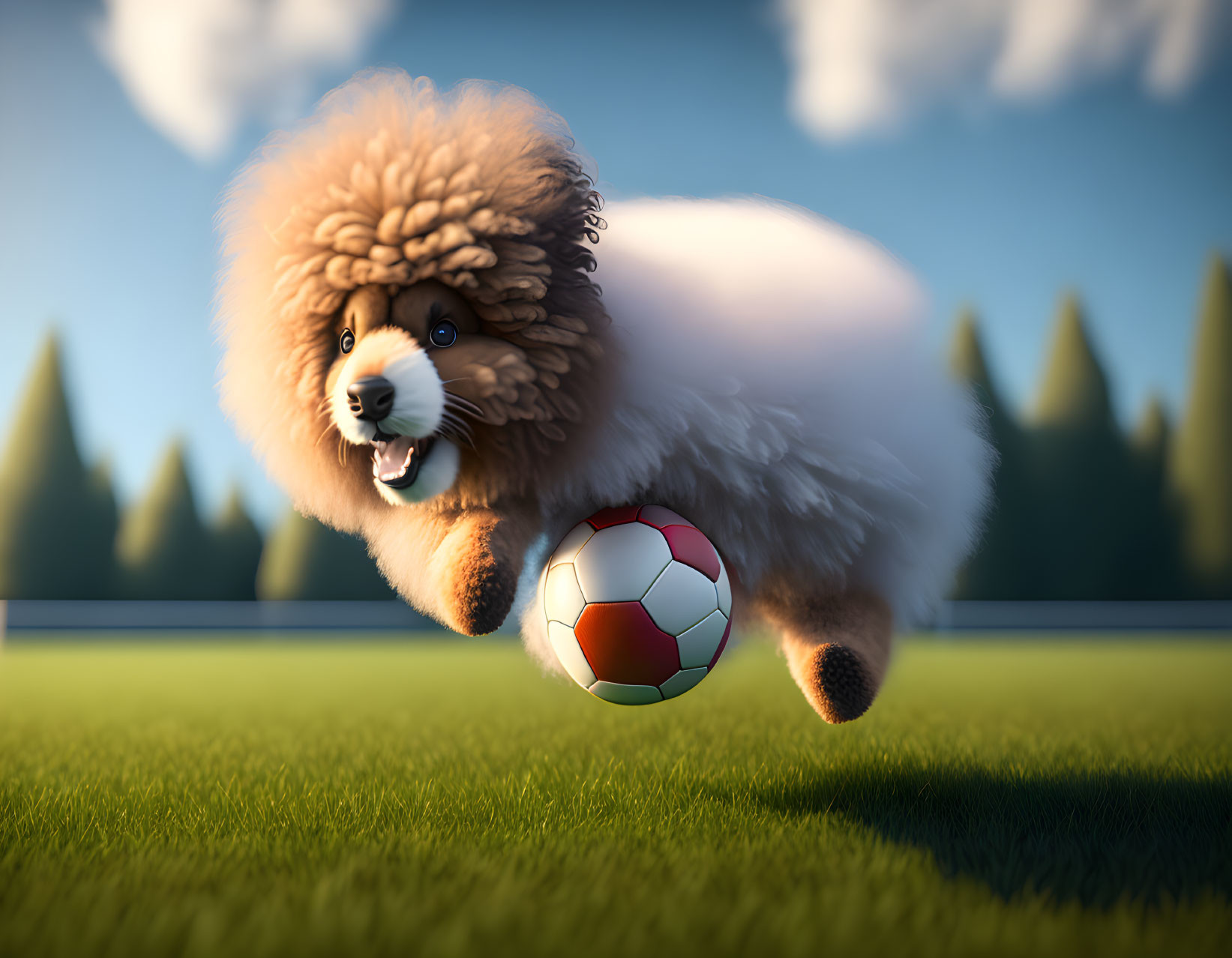 Fluffy toy-like dog chasing soccer ball on grassy field