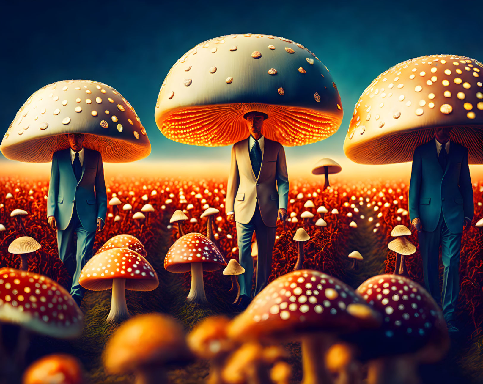 Surreal landscape featuring giant mushrooms and human figures with mushroom cap heads, surrounded by colorful fungi.