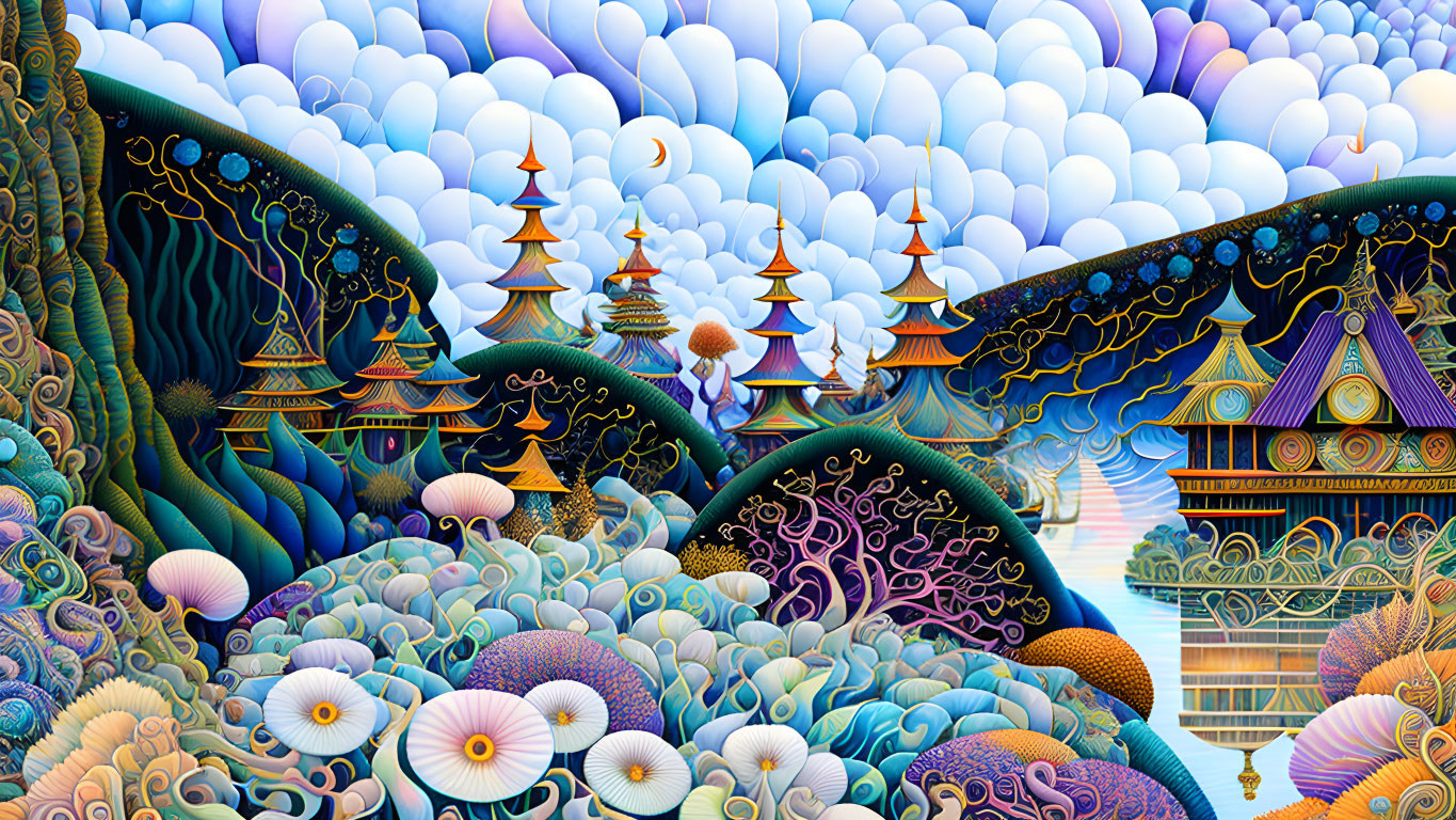 Colorful Fantasy Landscape with Asian-Inspired Architecture & Intricate Patterns