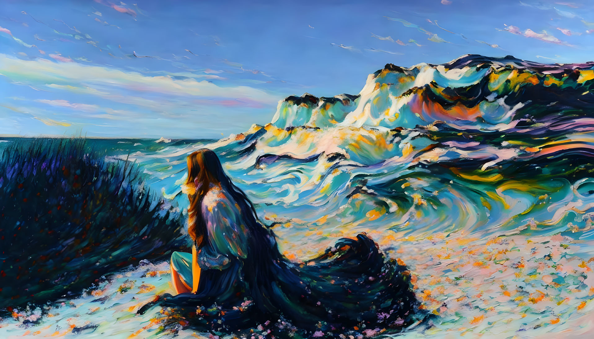 Vibrant painting of woman on beach with flowing hair and crashing waves