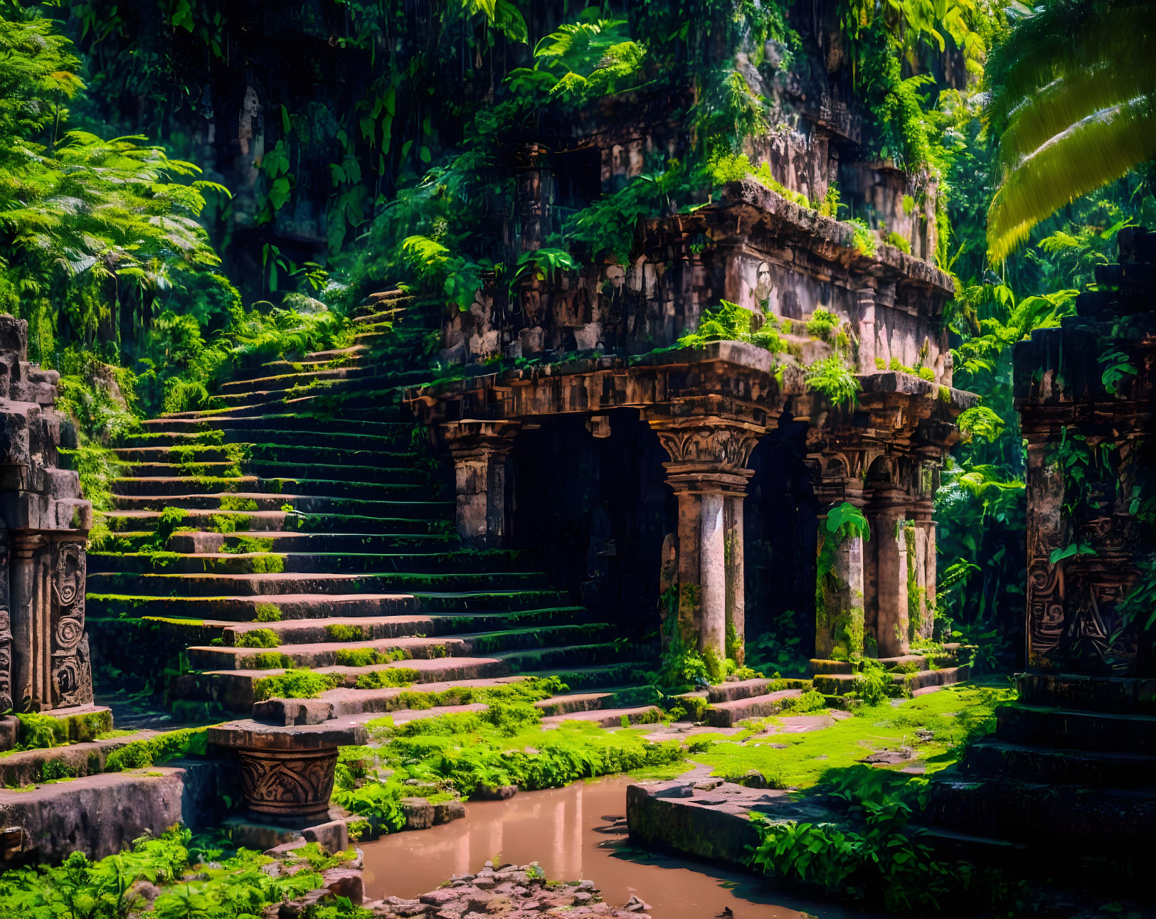 Moss-Covered Ancient Temple in Lush Jungle